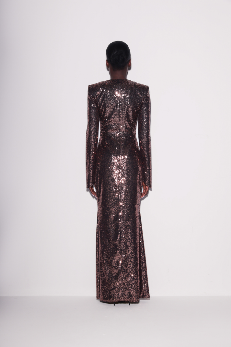 Back view of Lili Blanc lustrous brown sequin gown featuring shimmering sequins and elegant design for formal occasions.