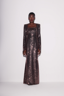 Lili Blanc luminous brown sequin gown with a fitted bodice and flowing skirt, showcasing shiny sequins and elegant design.