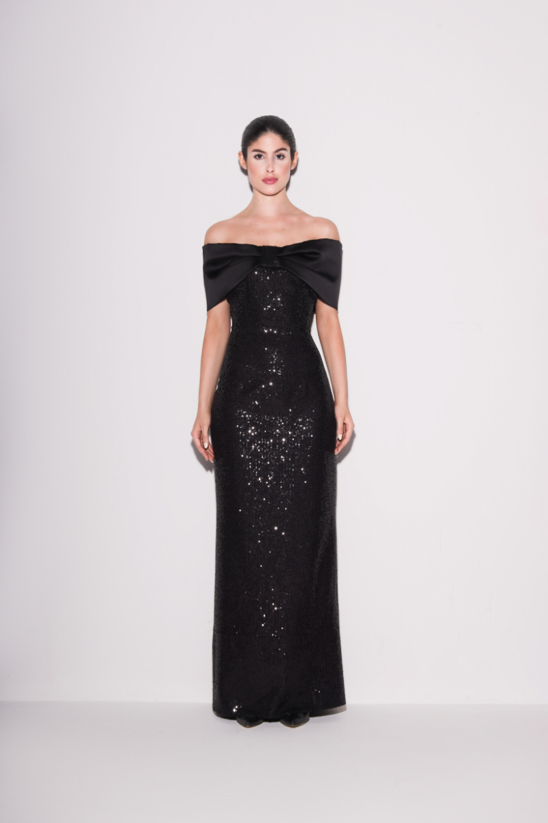 GLAMOUR SEQUIN OFF-SHOULDER GOWN IN BLACK SPARKLE