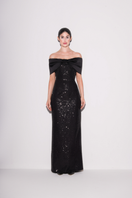 Black sequin off-shoulder gown by Lili Blanc with a glamorous sparkle, featuring a fitted silhouette and elegant design.