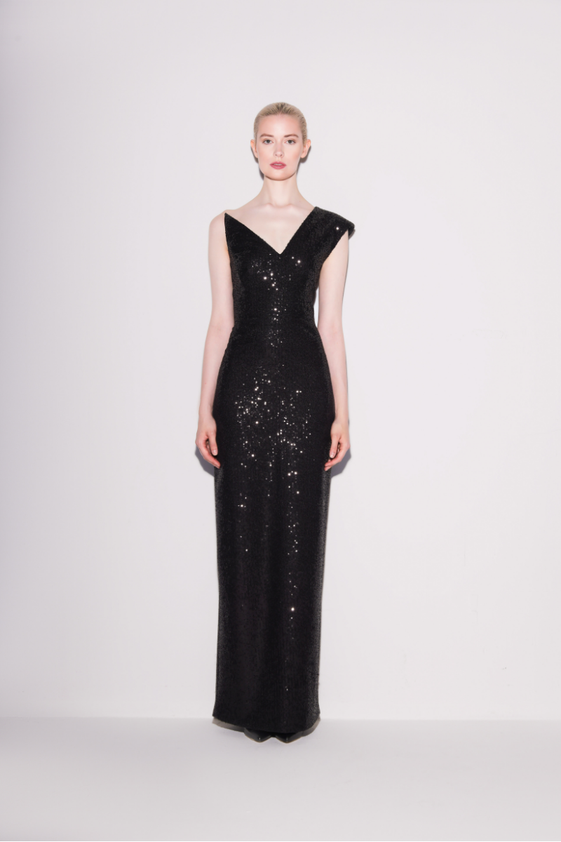 ASYMMETRIC SEQUIN GOWN IN BLACK SPARKLE