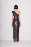 Lili Blanc asymmetric sequin gown in brown, shown from the back with elegant draping and shimmering sequins for formal occasions.