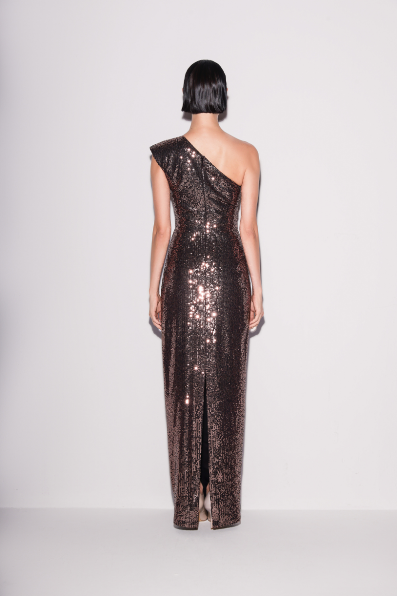 Lili Blanc asymmetric sequin gown in brown, shown from the back with elegant draping and shimmering sequins for formal occasions.