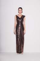 Lili Blanc asymmetrical brown sequin gown with a sleek design and elegant silhouette, front view.