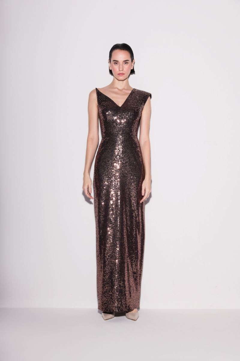 Lili Blanc asymmetrical brown sequin gown with a sleek design and elegant silhouette, front view.
