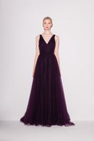 Lili Blanc purple ethereal tulle A-line gown displayed front view, showcasing flowing fabric and elegant design.