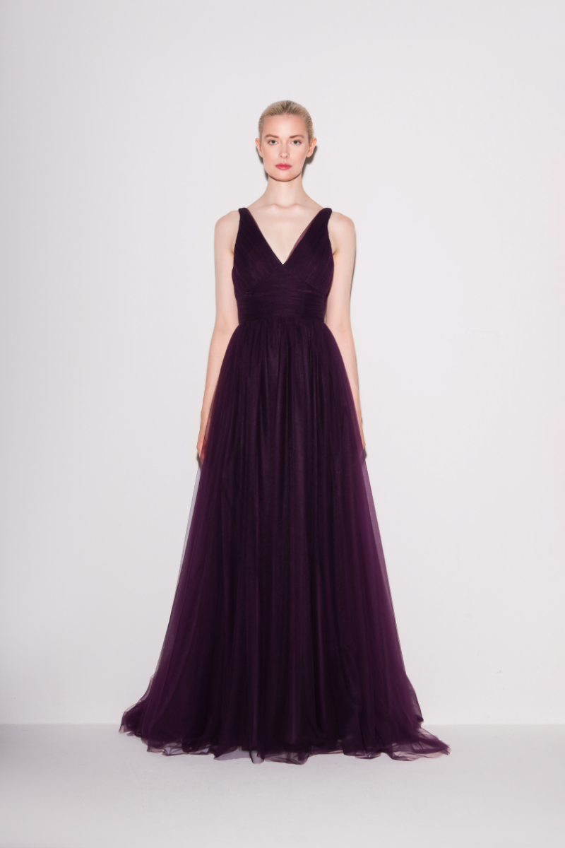 Lili Blanc purple ethereal tulle A-line gown displayed front view, showcasing flowing fabric and elegant design.