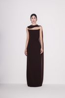 Elegant brown crepe and chiffon caped gown by Lili Blanc, featuring flowing fabric and sophisticated design.