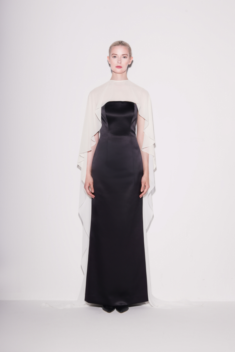 ETHEREAL TAFFETA GOWN AND CAPE IN BLACK