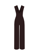 Back view of a brown fitted jumpsuit by Lili Blanc, showcasing its elegant design and tailored fit.