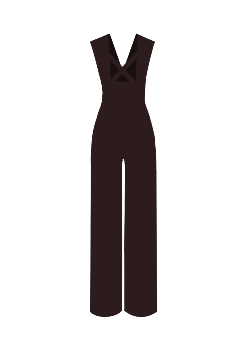 Back view of a brown fitted jumpsuit by Lili Blanc, showcasing its elegant design and tailored fit.