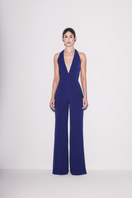 Lili Blanc royal blue V-neck jumpsuit with long sleeves and fitted waist, front view, stylish and comfortable women's jumpsuit.
