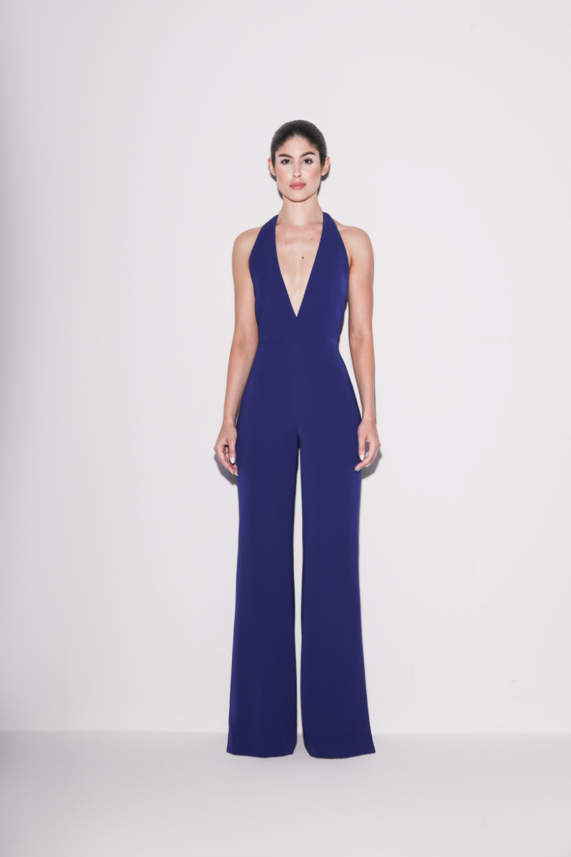Lili Blanc royal blue V-neck jumpsuit with long sleeves and fitted waist, front view, stylish and comfortable women's jumpsuit.