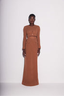 Brown knit crop top by Lili Blanc, stylish front view showcasing its elegant design and fitted silhouette.