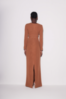 Brown chic knit pencil skirt from Lili Blanc, back view showing tailored fit and ribbed texture in a stylish maxi skirt design.