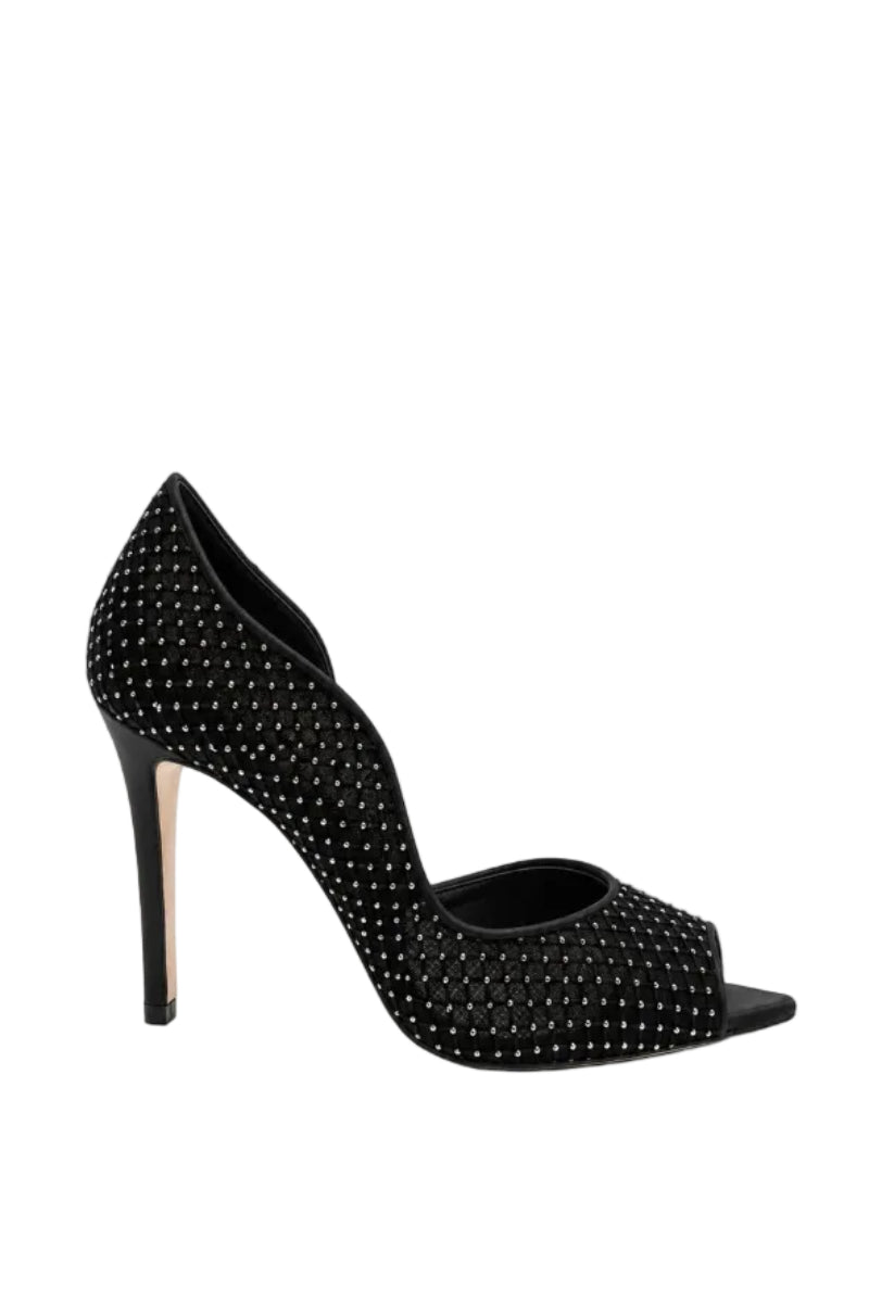 Black Lili Blanc Stella Heels shown from the side with a sleek design and pointed toe.