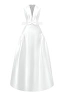 White pleated gown by HACCHIC COUTURE featuring elegant flowing fabric and a sophisticated design.