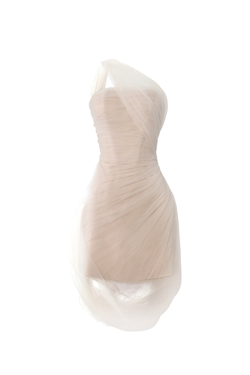 NEUTRAL PLEATED TULLE DRESS - CULT MIA