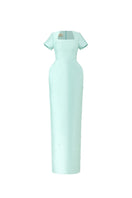 Blue minimal square neck gown by HACCHIC COUTURE, featuring a sleek silhouette and elegant design.