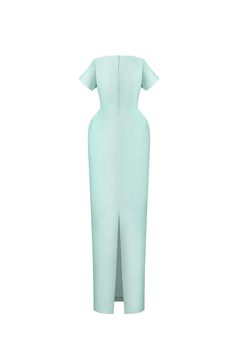 Blue minimal square neck gown by HACCHIC COUTURE featuring a sleek silhouette and elegant design.