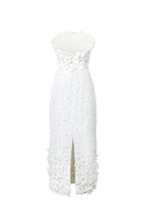 Elegant 3D floral tweed gown by HACCHIC COUTURE featuring intricate floral textures and a sophisticated silhouette.
