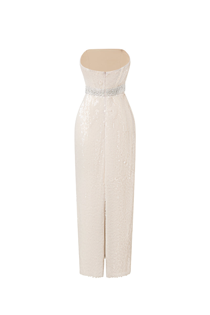 Elegant HACCHIC COUTURE crystal beltly sequin gown featuring intricate sequin detailing and a flowing, glamorous silhouette.