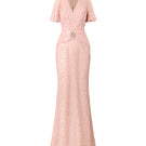 Pink sequin ruffle gown by HACCHIC COUTURE with layered ruffles and shimmering sequins, elegant and stylish for special occasions.