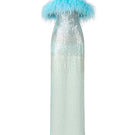 Blue feather sequin gown by HACCHIC COUTURE featuring shimmering feathers and intricate sequin details on a flowing dress.