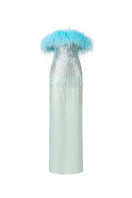 Blue feather sequin gown by HACCHIC COUTURE featuring shimmering feathers and intricate sequin details on a flowing dress.