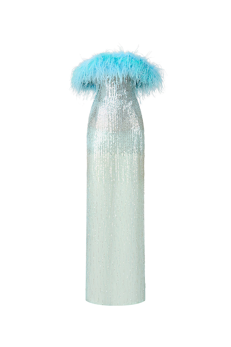 Blue feather sequin gown by HACCHIC COUTURE featuring shimmering feathers and intricate sequin details on a flowing dress.