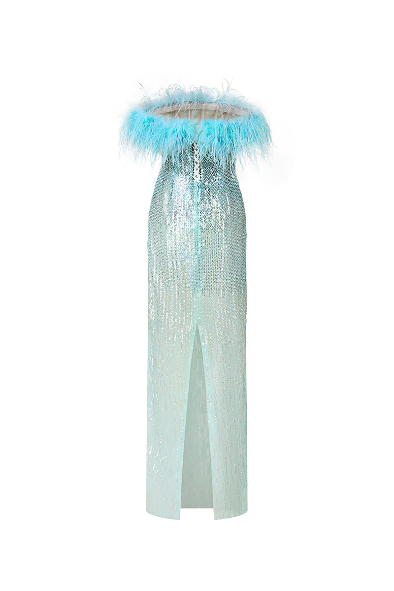 BLUE FEATHER SEQUIN DRESS - CULT MIA