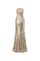 Gold strapless long gown by HACCHIC COUTURE, featuring a flowing silhouette and elegant design.