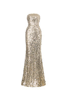 Gold strapless long gown by HACCHIC COUTURE, featuring elegant flowing fabric and a fitted bodice for formal occasions.