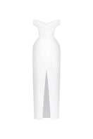 White taffeta pleated maxi dress by HACCHIC COUTURE with elegant, flowing fabric and a fitted bodice.