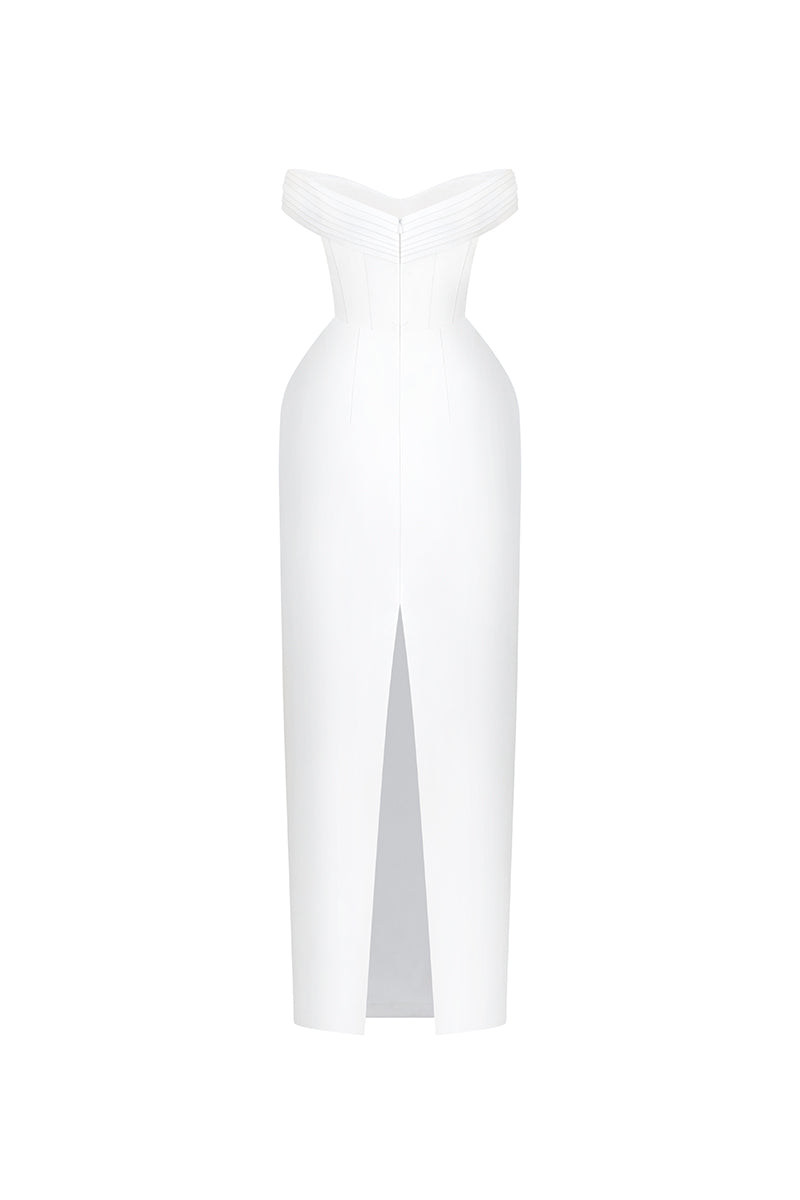 White taffeta pleated maxi dress by HACCHIC COUTURE with elegant, flowing fabric and a fitted bodice.