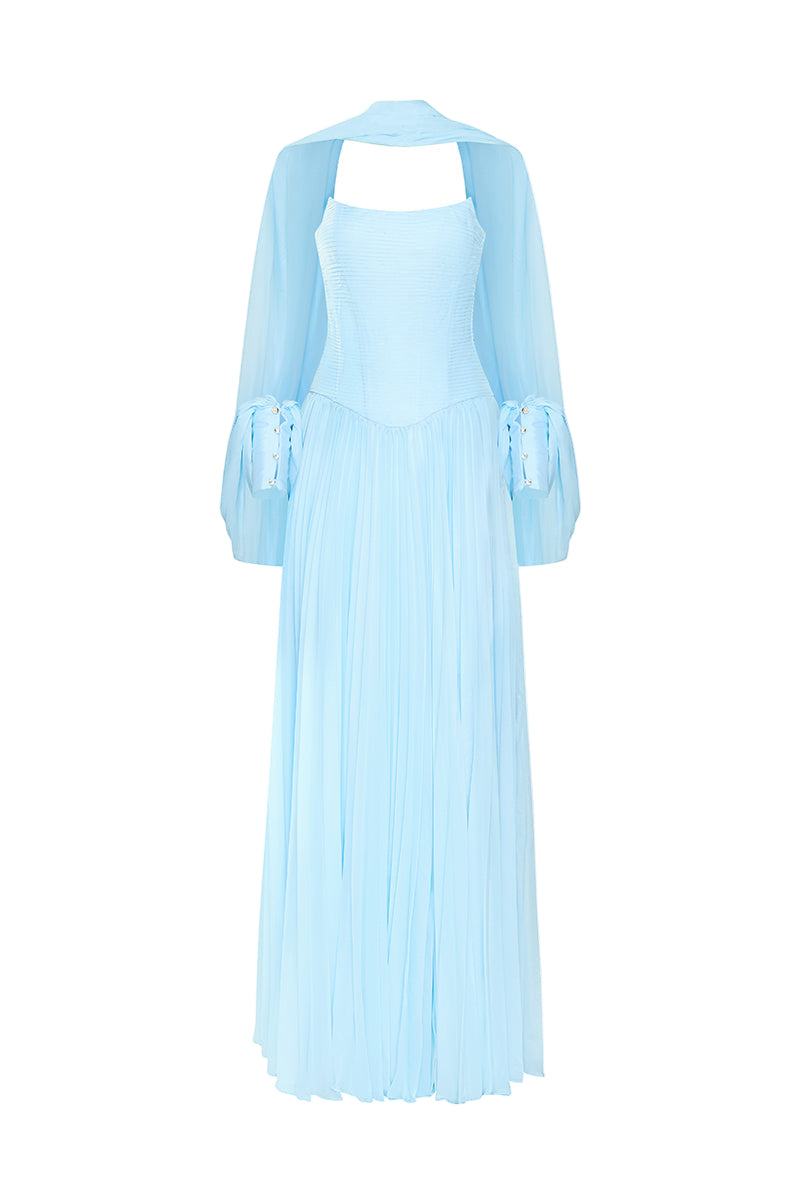 AURELIA PLEATED CHIFFON GOWN WITH CAPE