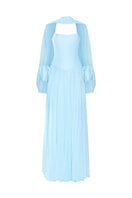 Aurelia pleated chiffon gown with matching cape by HACCHIC COUTURE featuring flowing fabric and elegant design.