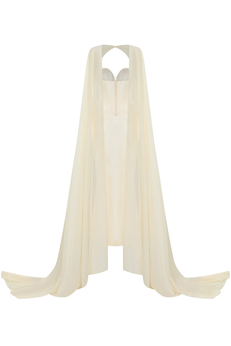 EVANGELINE STRAPLESS JACQUARD GOWN WITH CAPE | CULT MIA | HACCHIC COUTURE EVANGELINE STRAPLESS JACQUARD GOWN WITH CAPE | CULT MIA | HACCHIC COUTURE