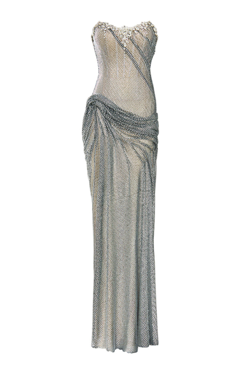 Elegant Celestia Crystal Draped Gown by HACCHIC COUTURE, featuring intricate beadwork and flowing fabric in a luxurious evening design.