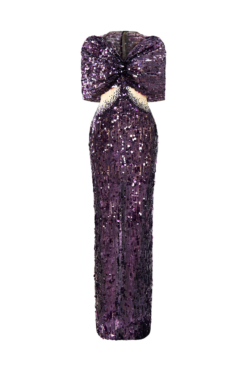 Elegant VIVIENNE sequin illusion gown by HACCHIC COUTURE featuring intricate beadwork and a flowing silhouette.