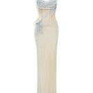 Elegant HACCHIC COUTURE Lunara Crystal Halter Gown with intricate crystal embellishments and flowing fabric, perfect for formal occasions.