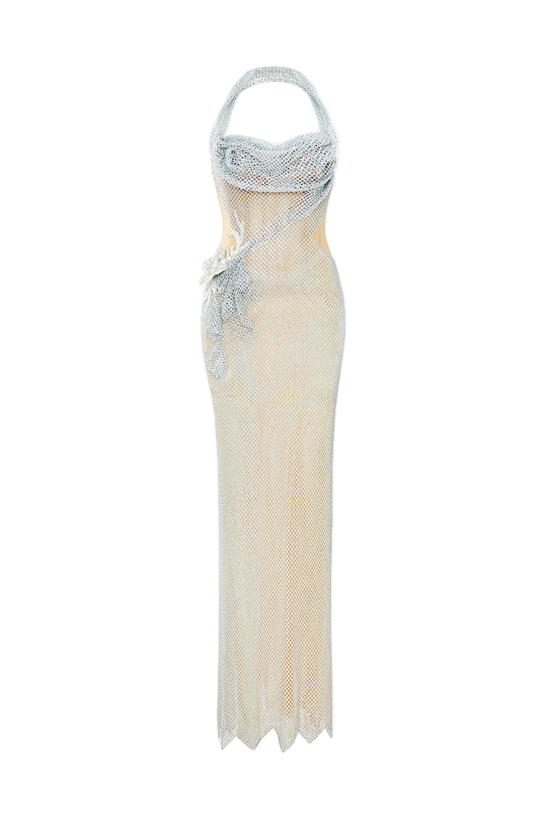 Elegant HACCHIC COUTURE Lunara Crystal Halter Gown with intricate crystal embellishments and flowing fabric, perfect for formal occasions.