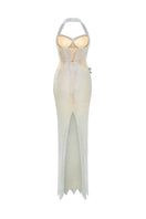 HACCHIC COUTURE Lunara Crystal Halter Gown featuring intricate crystal embellishments and elegant halter neckline.