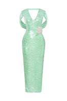 HACCHIC COUTURE Luna sequin cape-sleeve midi dress with shimmering sequins and elegant cape sleeves, stylish evening wear.
