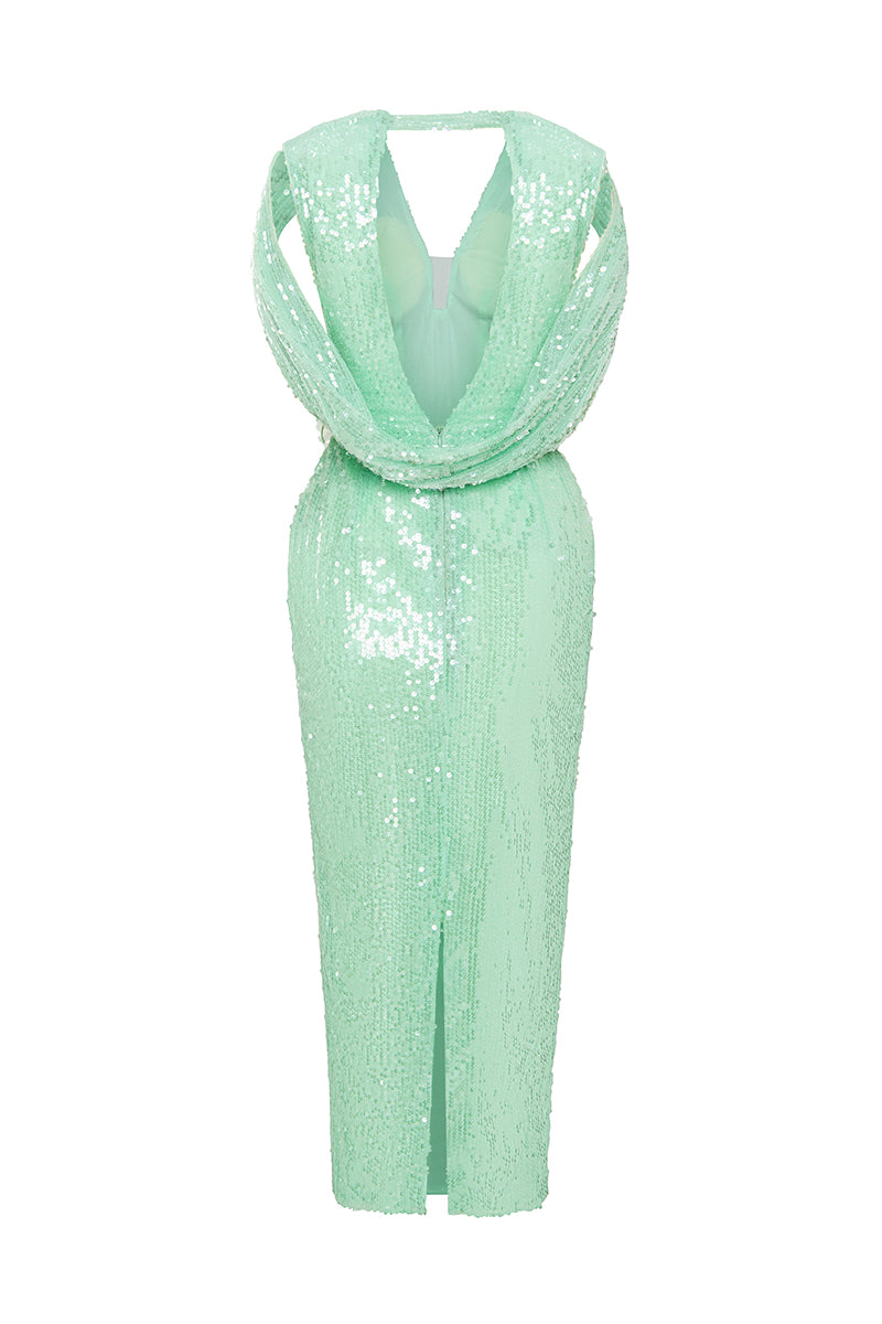 HACCHIC COUTURE Luna sequin cape-sleeve midi dress, elegant evening gown with shimmering sequins and flowing cape sleeves.