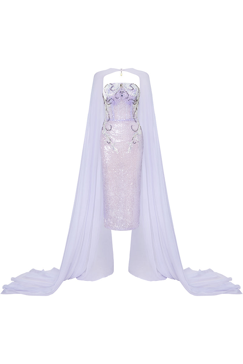 HACCHIC COUTURE Ophelia strapless sequined midi dress with attached cape, elegant evening gown with shimmering embellishments.
