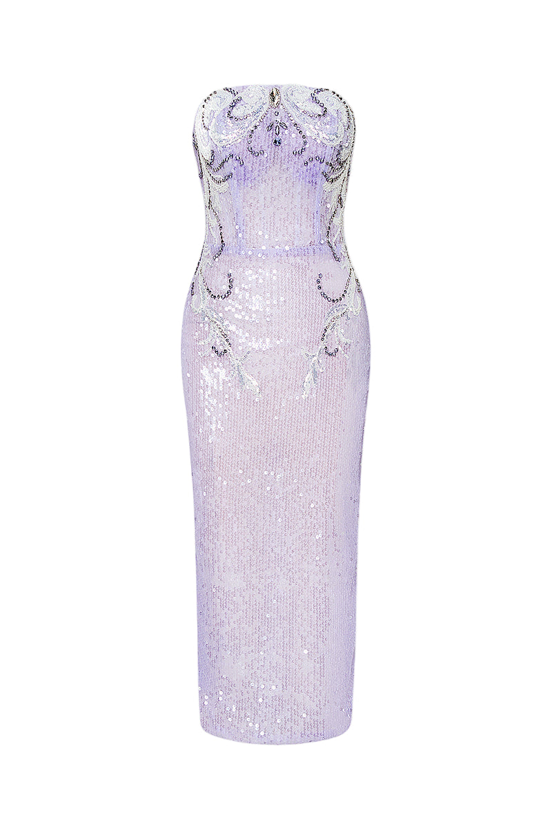 Ophelia strapless sequined gown with attached cape by HACCHIC COUTURE, featuring a fitted silhouette and shimmering fabric.