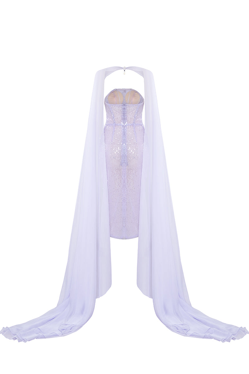 HACCHIC COUTURE Ophelia strapless sequined midi dress with attached cape, elegant evening wear for special occasions.