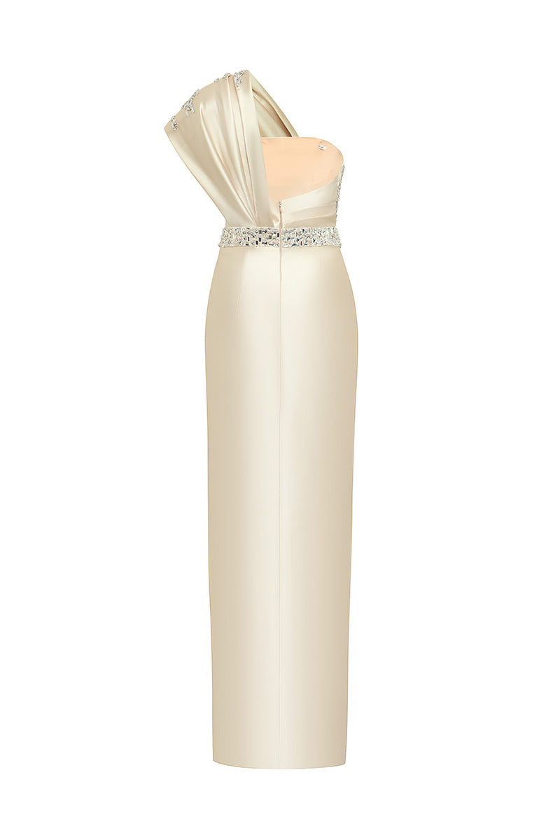 champagne one shoulder dress Satin Ruched Bridesmaid - 24.0 Hips Azazie Charlize