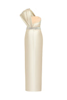 Elegant champagne satin one-shoulder gown by HACCHIC COUTURE, featuring a smooth, flowing design and sophisticated silhouette.